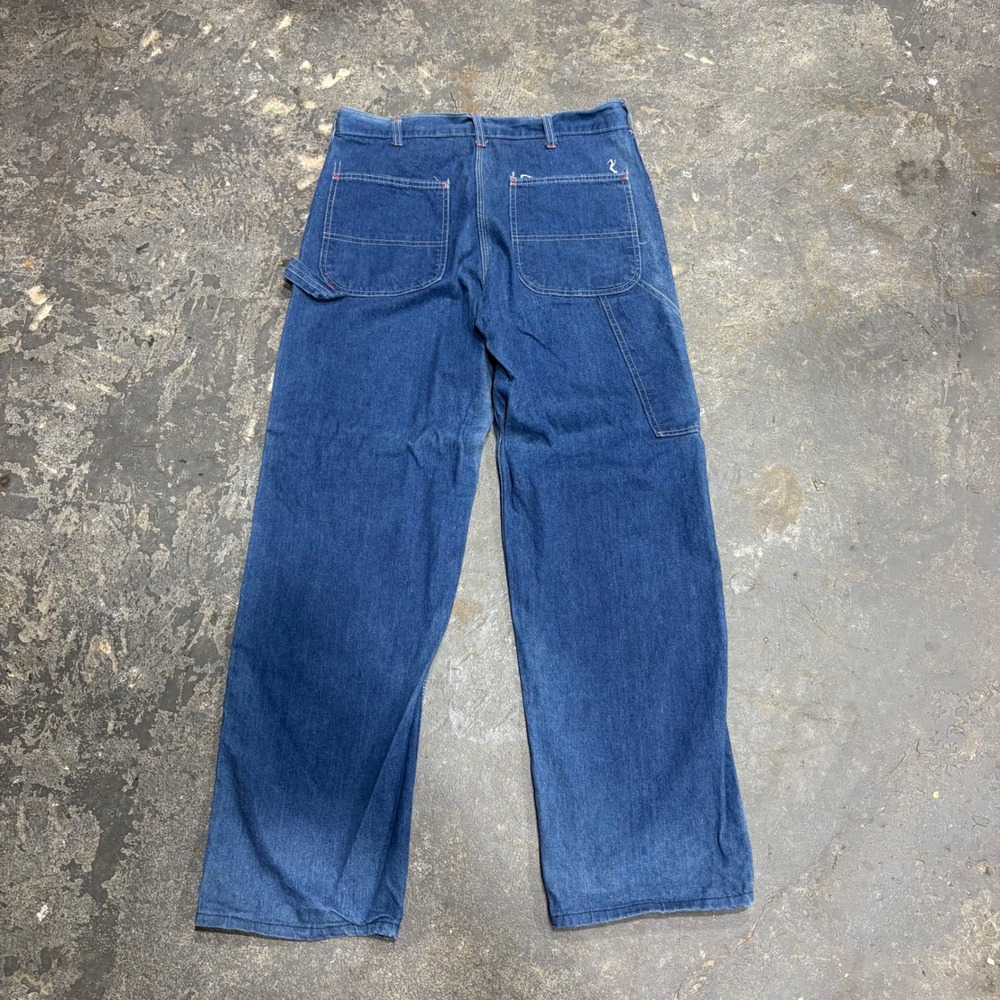 Vintage Sears Carpenter Jeans Mens 34x29 Blue Denim Workwear Wide Leg Red Stitch